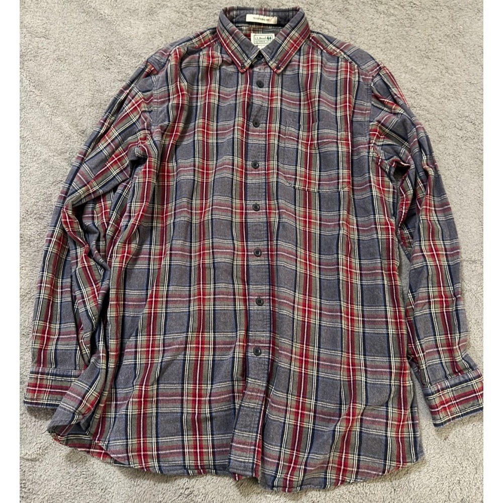 LL Bean Shirt Mens L Tall Plaid Gray Red Scotch Tartan Traditional Fit